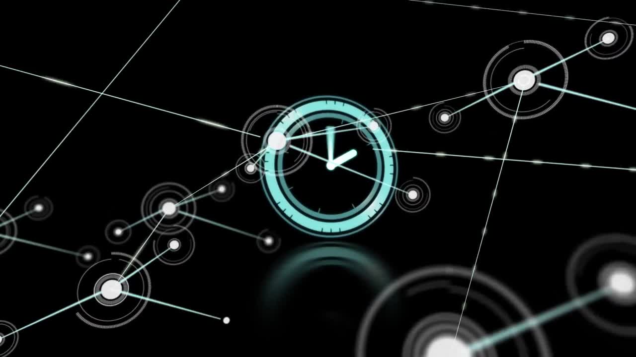 animación de la red de conexiones sobre un reloj en movimiento sobre fondo negro