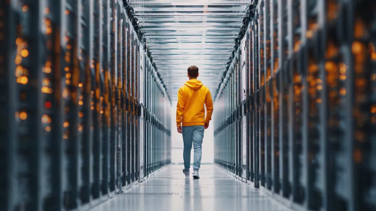 A solitary figure in a vibrant yellow hoodie walks through a high-tech data center, surrounded by rows of servers glowing with lights, symbolizing the vastness of digital infrastructure
