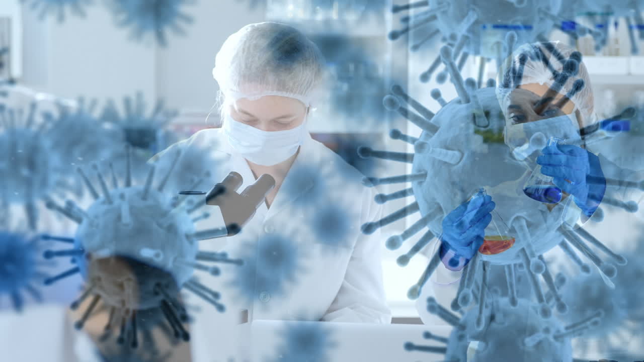 코로나바이러스 코로나19의 확산 애니메이션, 배경에는 의료진이 있습니다.