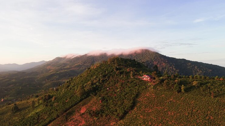 Veduta panoramica di montagne e un cielo nuvoloso al mattino in una zona rurale.