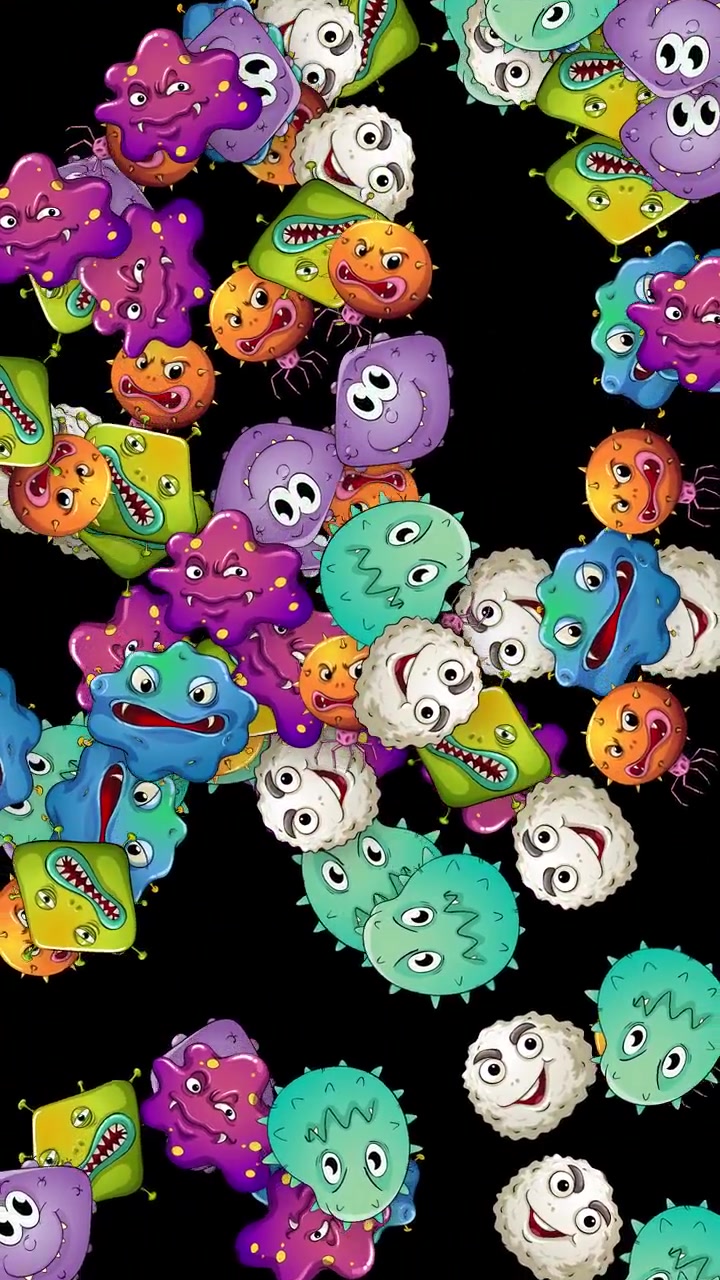 Vibrant animated microbes with expressive faces fall vertically against a solid black background.