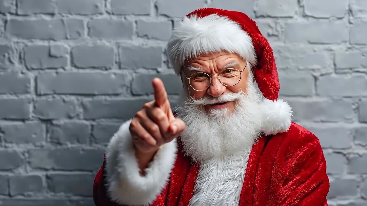 Un uomo vestito da Babbo Natale che indica la telecamera