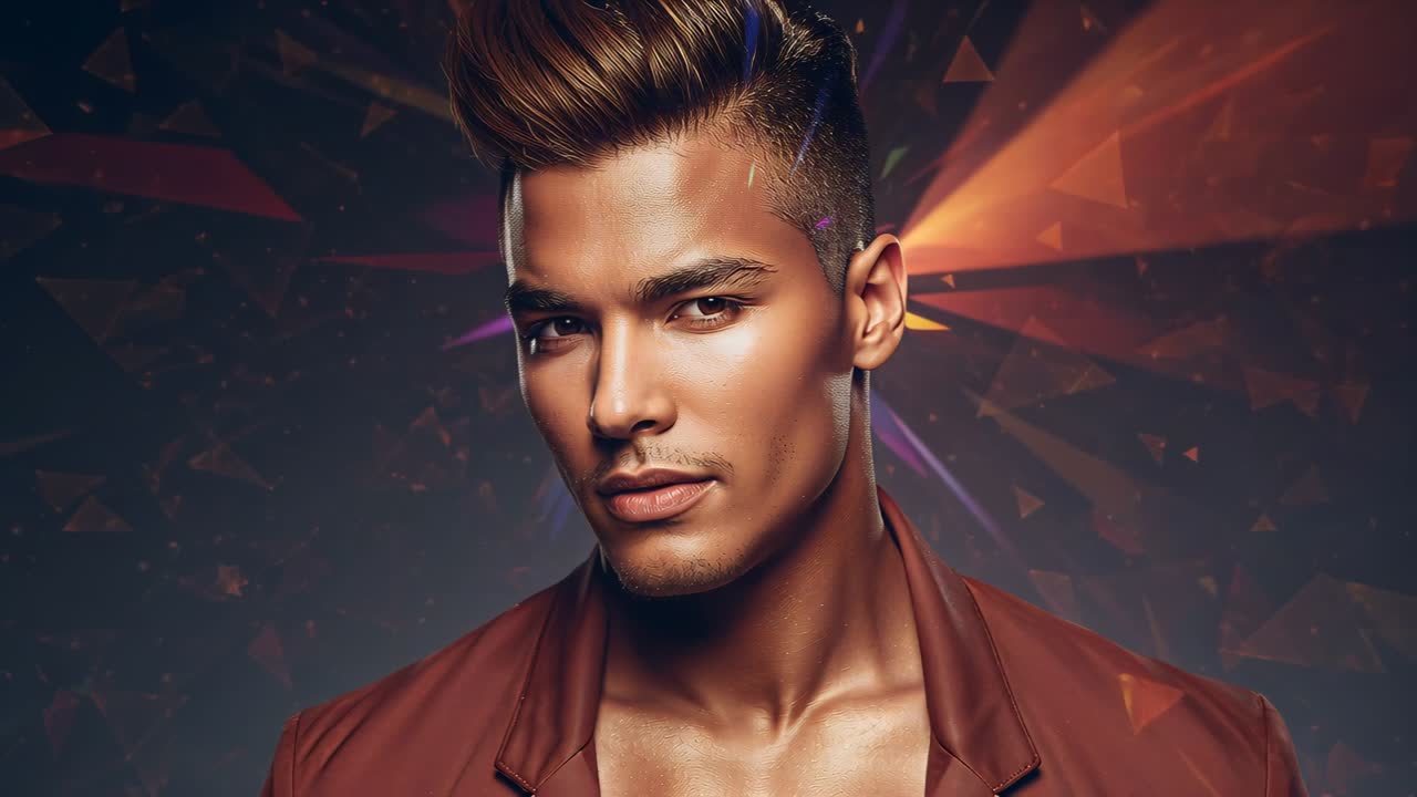 Facing camera, male model in brown jacket at studio shoot reacting to light shards, clenching jaw