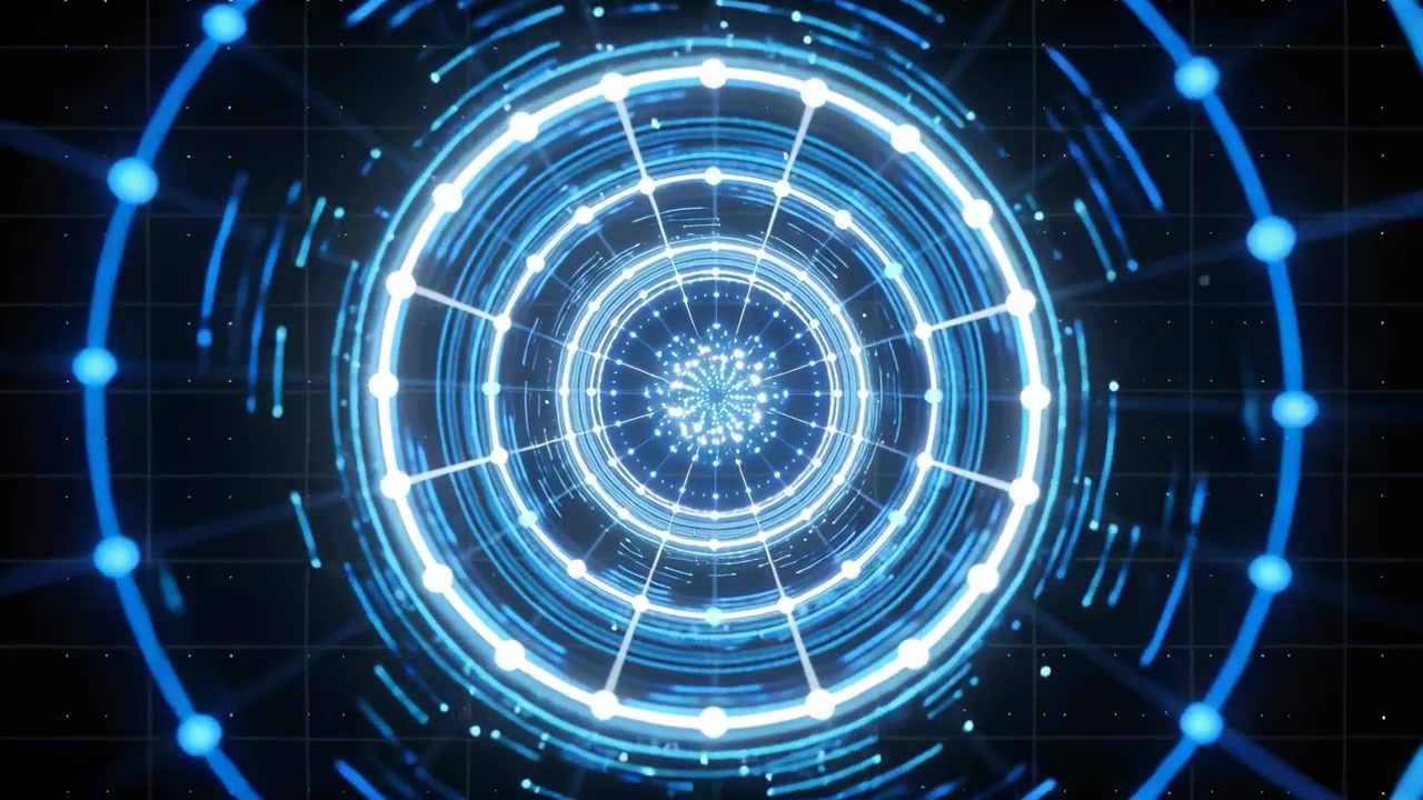 Pulsing concentric glowing rings rotating and tightening in digital tunnel on play, creating depth