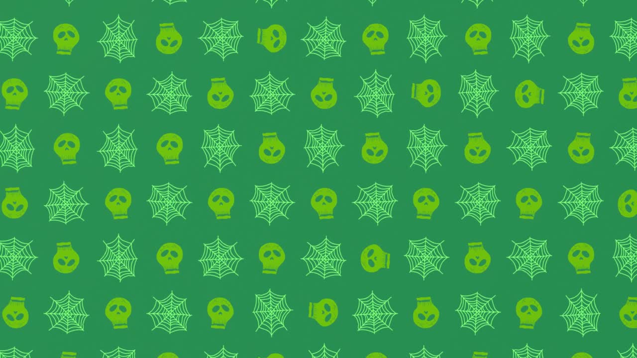 Animation of green texture with moving spiders web and skulls