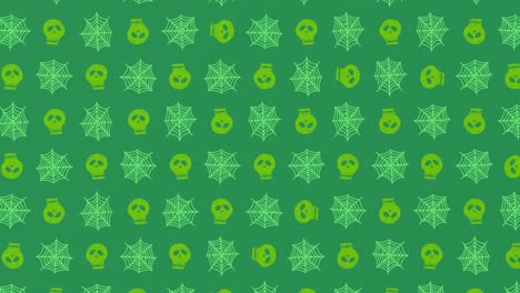 animation of green texture with moving spiders web and skulls