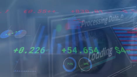 animation of financial data and graphs over woman eye on navy background
