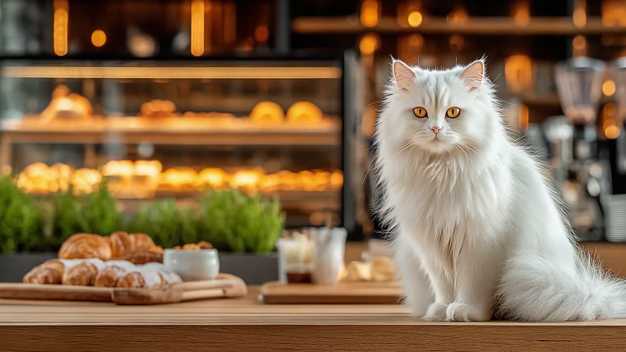 En majestætisk hvid kat sidder elegant på et træbord, omgivet af lækre kager og æstetisk indretning i hyggelige caféomgivelser