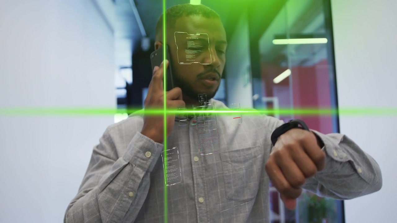 Manager walking hall handling work phone call checking watch activating green crosshair UI on glass