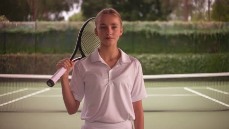 young female tennis player on court with racket