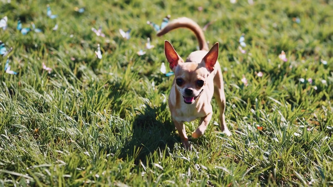 Piccolo cane Chihuahua che passeggia ed esplora in un campo d'erba soleggiato
