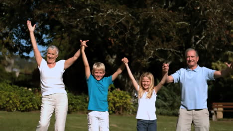 Grandchildren-and-grandparents-jumping-together-in-a-park