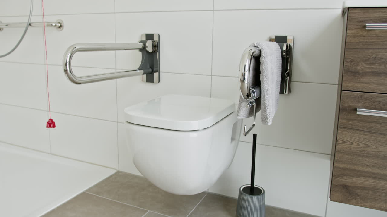 Accessible Bathroom with Handrails and Wall-Mounted Toilet