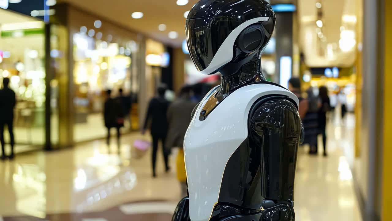 un robot de pie en un centro comercial con personas caminando por
