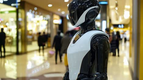 a robot standing in a shopping mall with people walking by