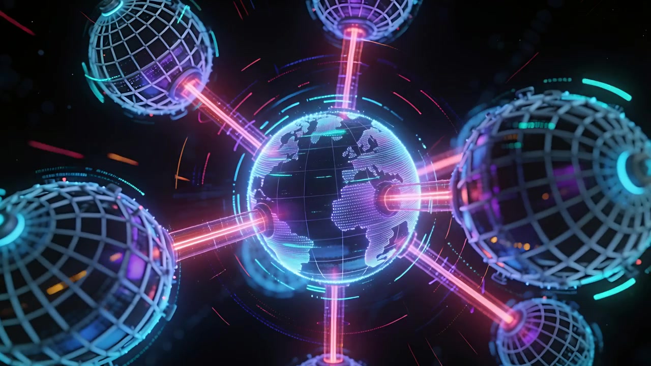 Pulsing hologram Earth in dark void reacting to camera shift, sending data via rods to satellites