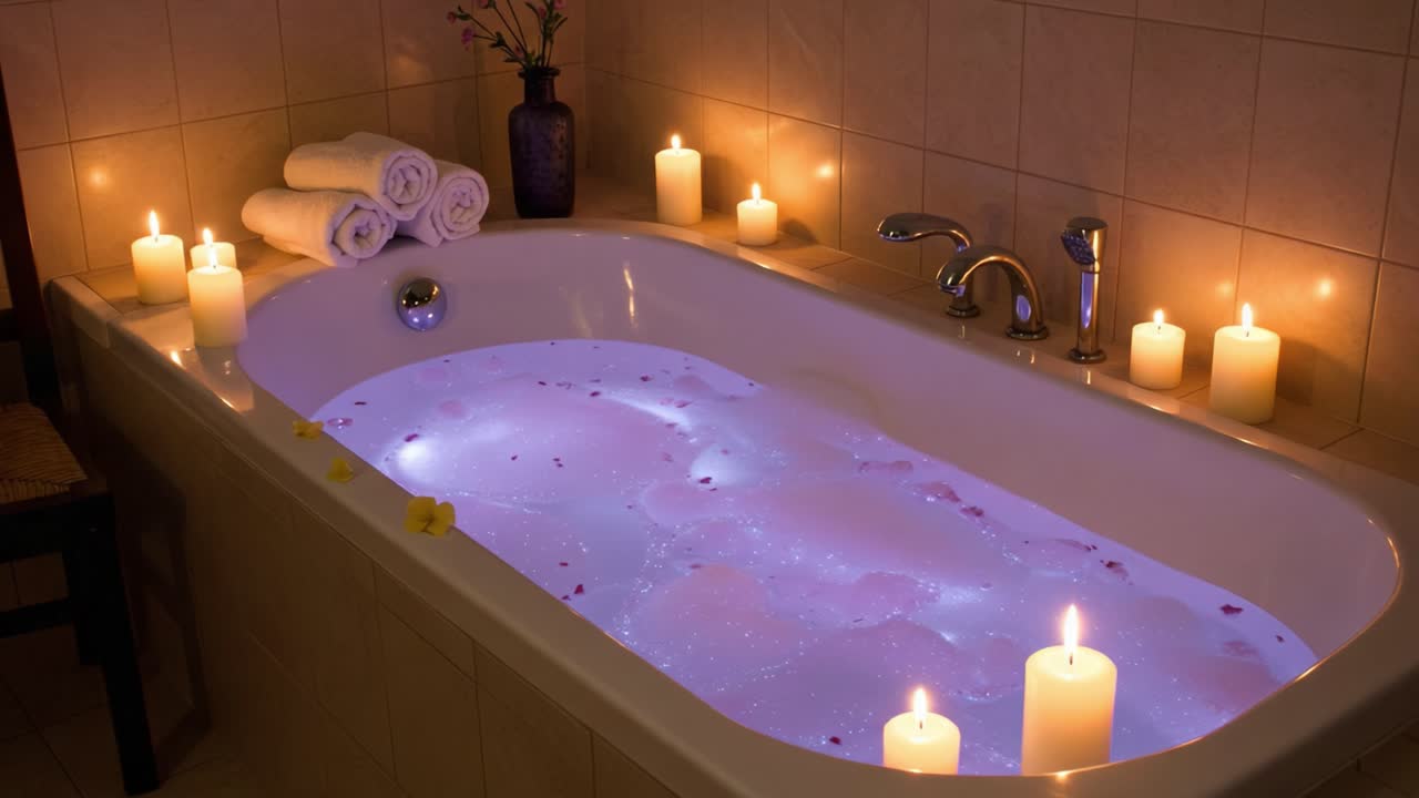 A Tranquil Bathtub Scene with Soft Lighting, Illuminated Bubbles, and Aromatic Candles Creating a Relaxing Atmosphere Perfect for Spa-like Experience
