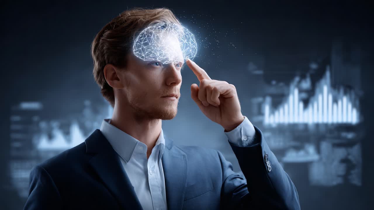 A Thoughtful Individual Engages with an Abstract Representation of Brain Activity, Reflecting on Insights and Innovations in Neural Functionality and Cognitive Potential