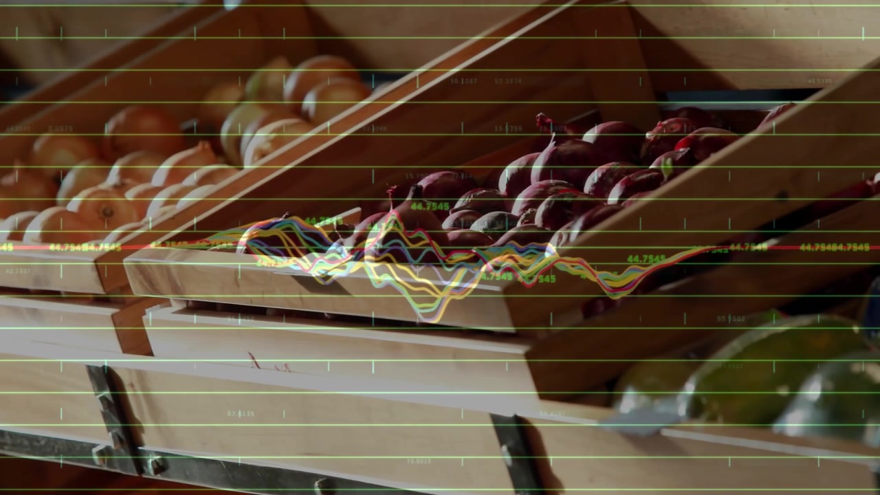 Grafico a forma d'onda del carico in loco che scorre sopra casse di legno impilate, visualizzando dati in tempo reale sui prodotti agricoli