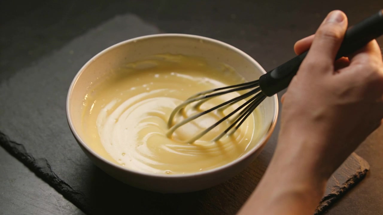 Entering right hand stirring black whisk, mixing batter for smoothness in white bowl on countertop