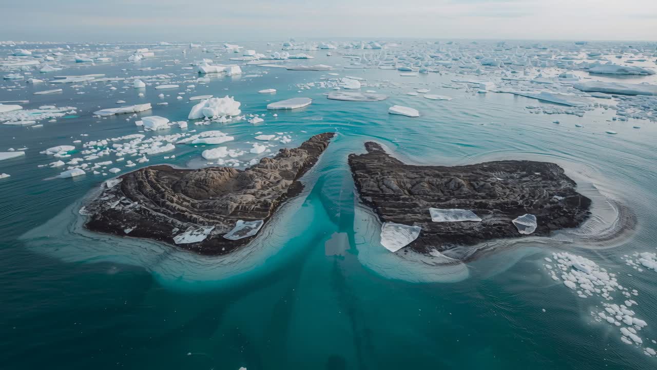 Câmera aérea avançando e mostrando camadas estratificadas em duas ilhotas no mar polar com canal turquesa