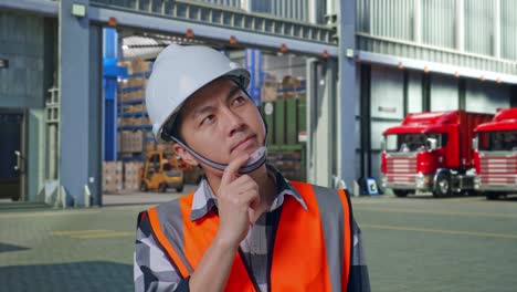close up of asian male engineer with safety helmet thinking and looking around then raising his index finger while standing , outside of logistics distributions warehouse