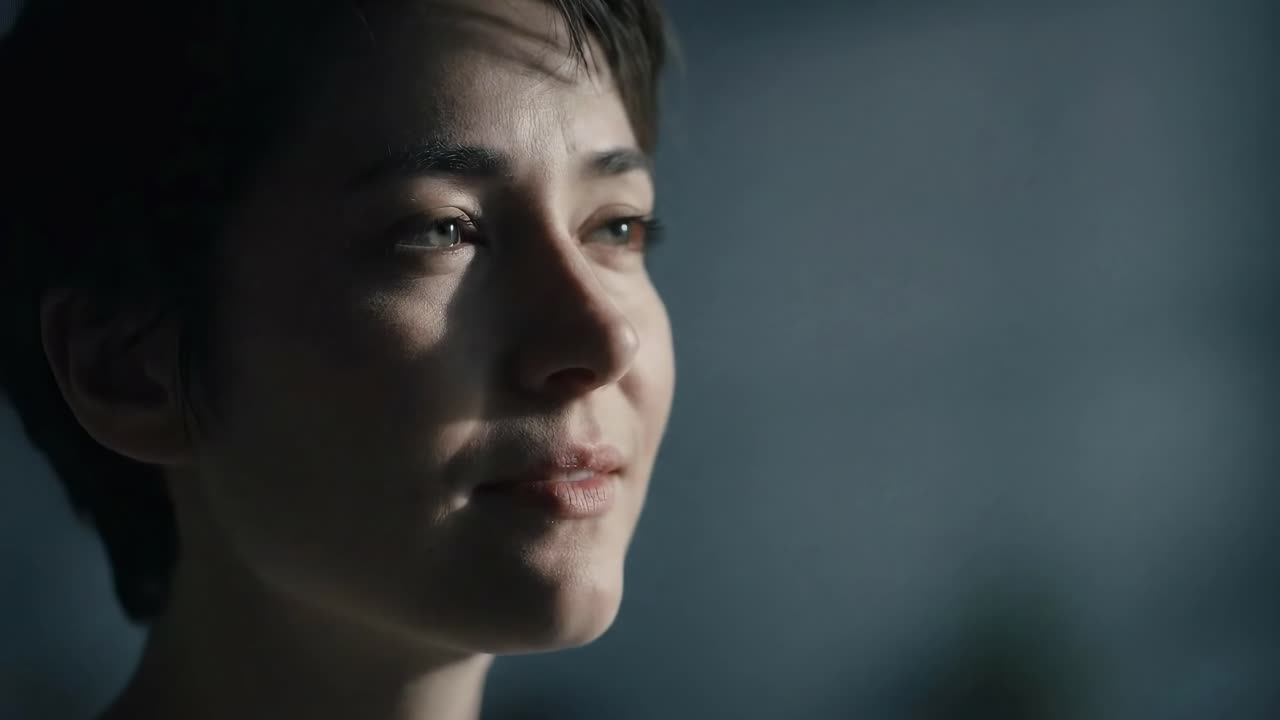 Close-up video shot of a pensive person, capturing emotion with soft lighting and focus