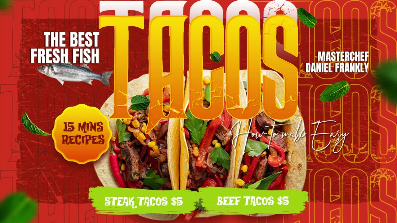 Pubblicità animata di tacos con ricetta e informazioni sul menu