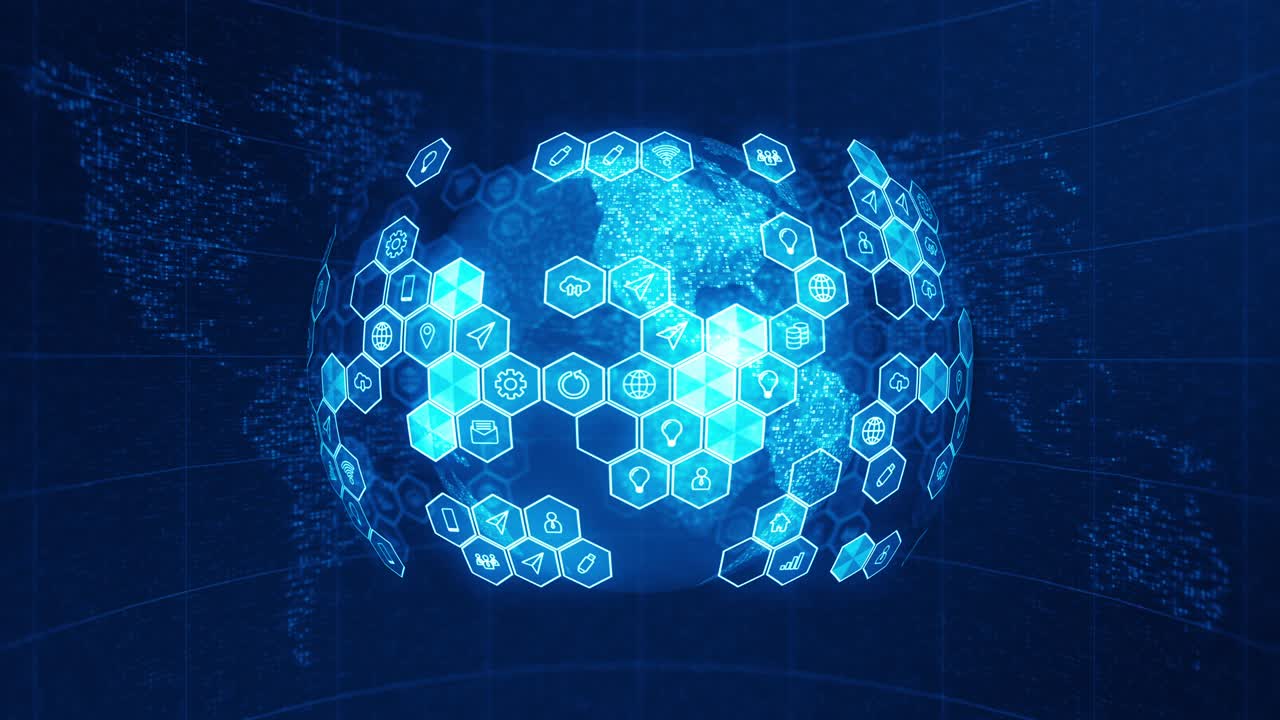 블루 테크놀로지 아이콘과 육각형 모양의 모션 그래픽은 미래의 추상적인 배경 개념에 대한 지구 구 회전과 함께 원활한 루프 비디오입니다.