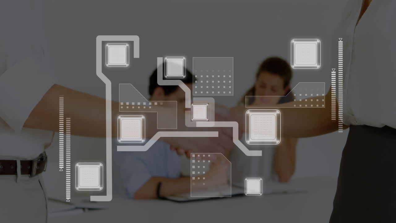 animación de redes y procesamiento de datos sobre el apretón de manos de un empresario