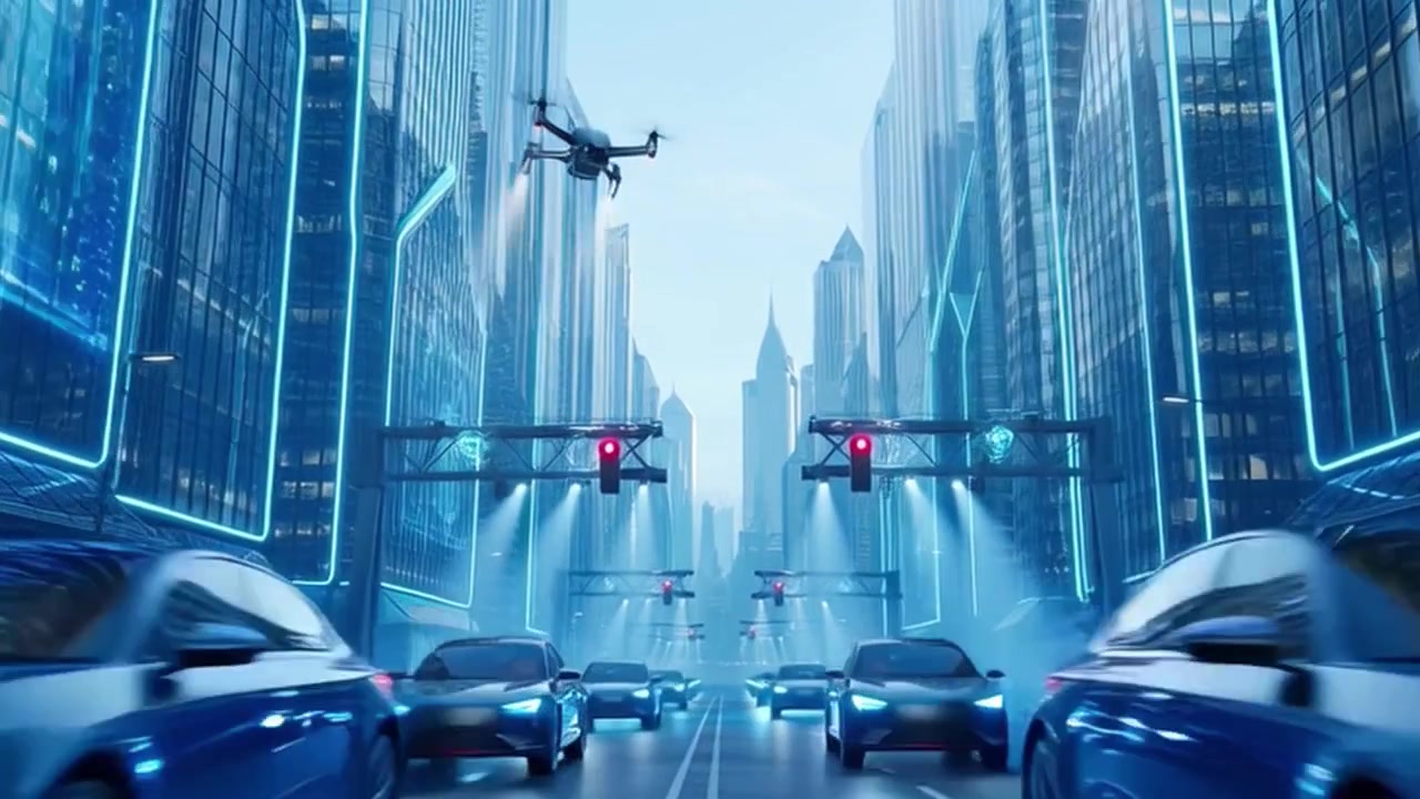 Autonomous Cars Driving Through Futuristic City Street with Flying Drones