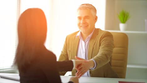 the businessman and businesswoman handshaking over the table. slow motion