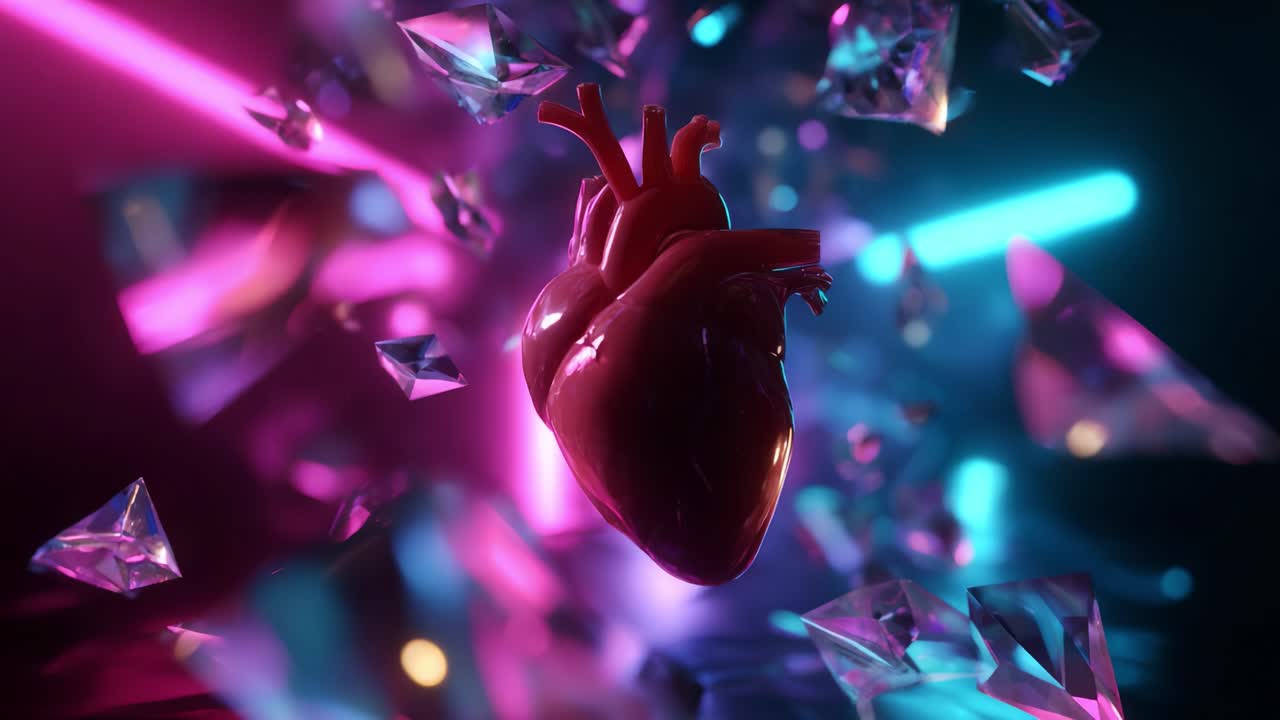 A Stunning Visual Representation of a Heart Surrounded by Reflections in Vibrant Colors, Showcasing the Intricacies of Anatomy with Luminescent Light Effects and Crystal-like Shapes in the Background