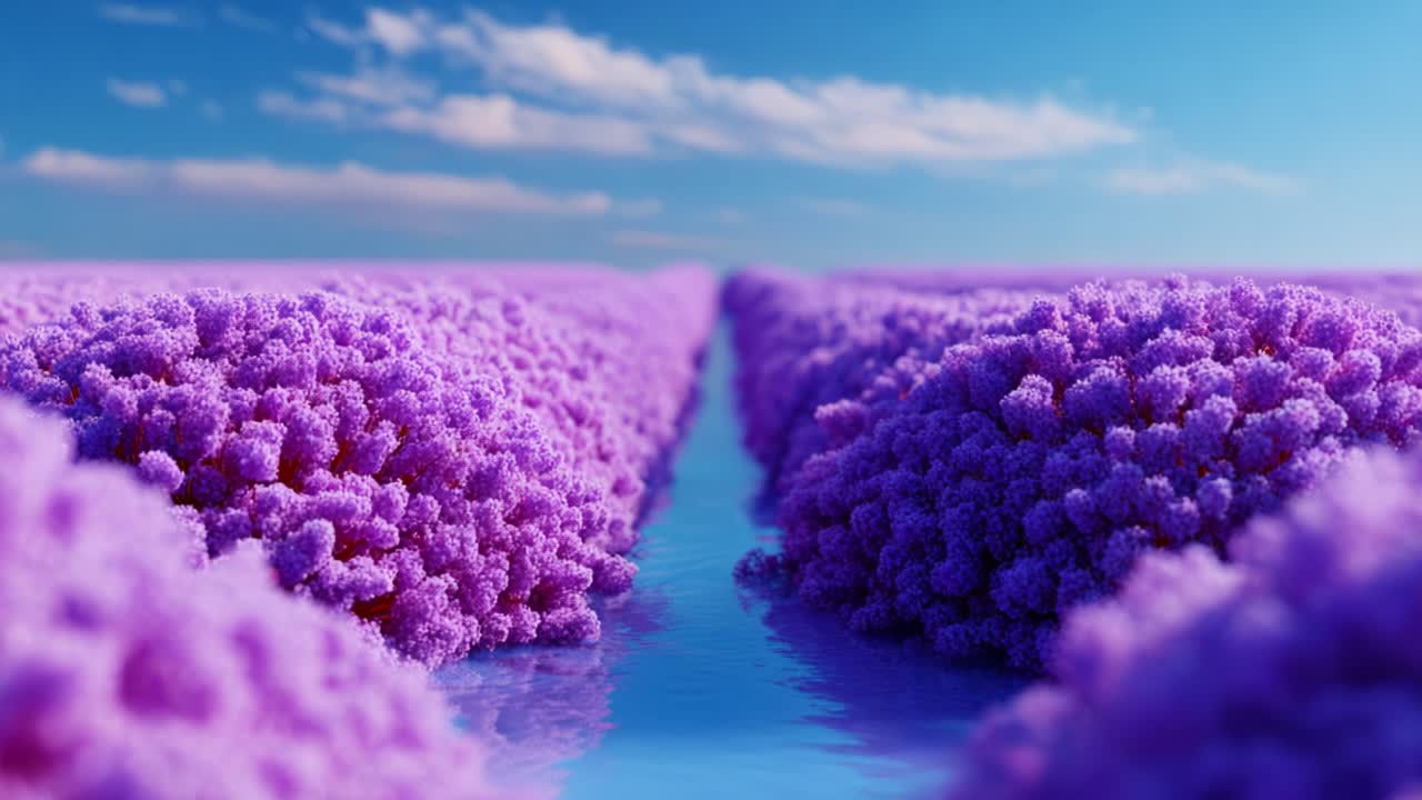 A Stunning Display of Lush Purple Blooms Surrounded by a Serene Waterway Under a Bright Blue Sky, Capturing the Beauty of Nature's Vibrant Colors and Peaceful Atmosphere