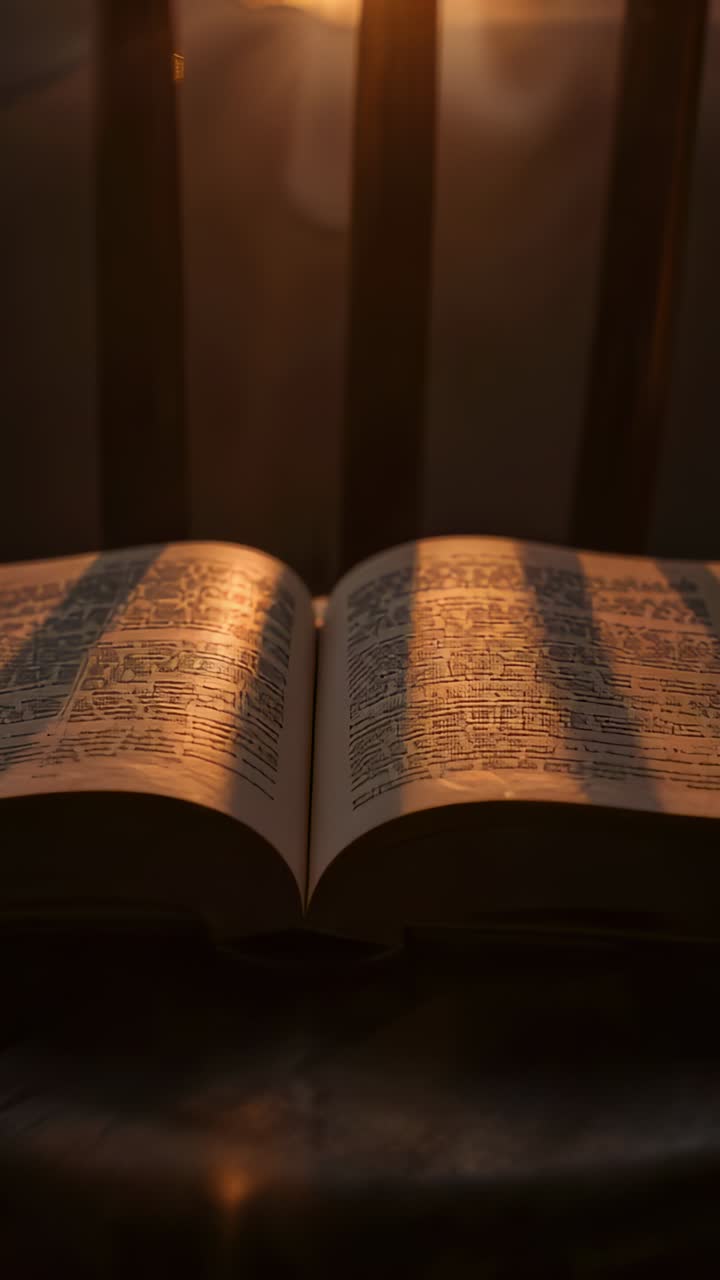 Video verticale: luce solare che filtra attraverso le fessure e scivola su un libro aperto su un tavolo, mostrando il testo