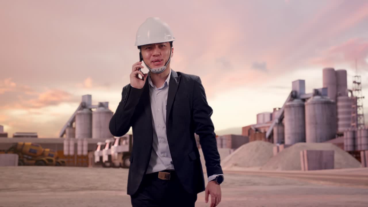 Vista frontal de un empresario asiático hablando por smartphone mientras camina por una planta de cemento industrial con el atardecer