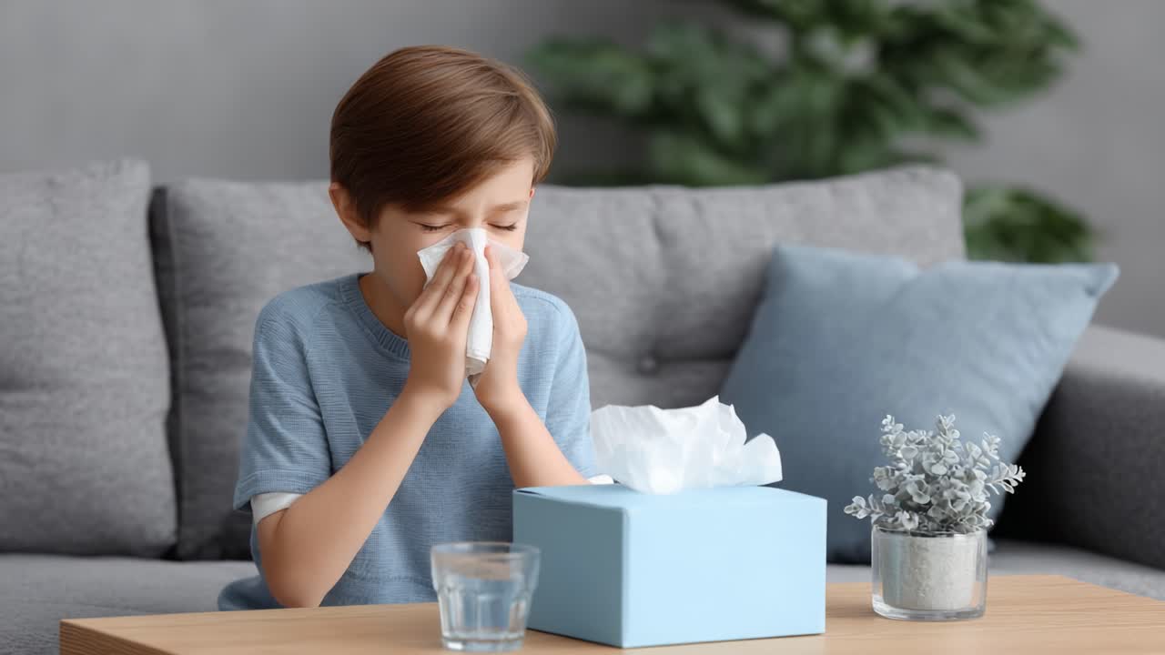 A Young Boy Overcomes Cold Symptoms with Tissues and Water While Seated in a Comfortable Living Room Setting, Highlighting Everyday Challenges of Illness