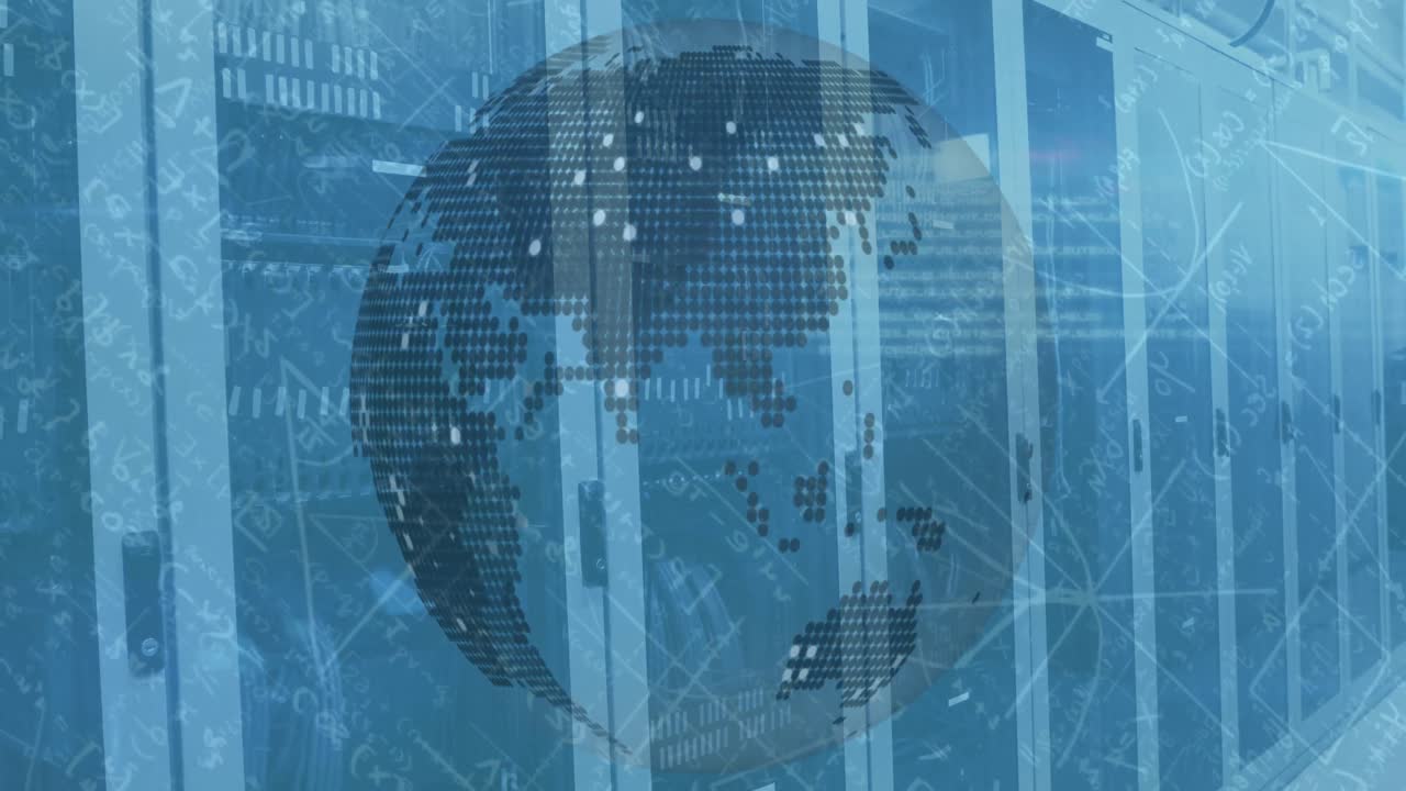 컴퓨터 서버와 함께 기술 방에서 지구 회전과 수학적 데이터의 애니메이션