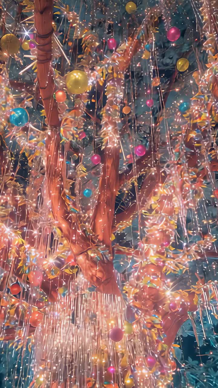 Vertical video: Clip starting camera tilting and zooming over tree in atrium, showing fairy lights