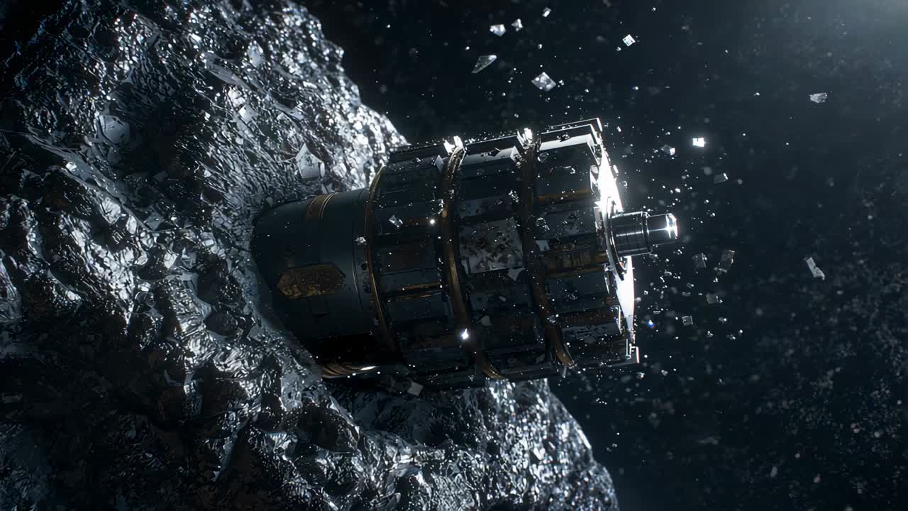 Camera pulling back revealing metal cylinder with rings on asteroid, star light lighting shards