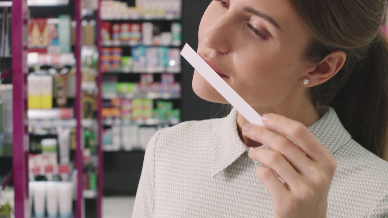 Woman Enjoying Perfume Scent From Blotter