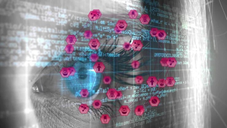Magenta nodes appearing, eye opening and networking over blue iris while HUD sliding, scanning