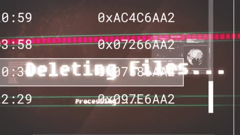 Animation-of-deleting-files-text,-graphs,-globes,-map,-loading-bars-and-circles,-computer-language