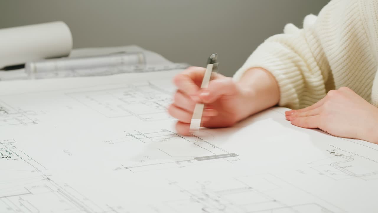 Architect's hand working on blueprints