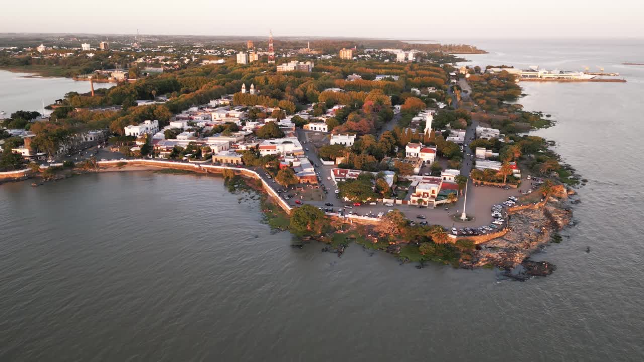 Aerial view colonia del sacramento Uruguay town over the coastline during golden hours