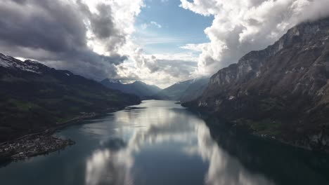 Clouds-Over-Walensee,-Swiss-Vista---aerial