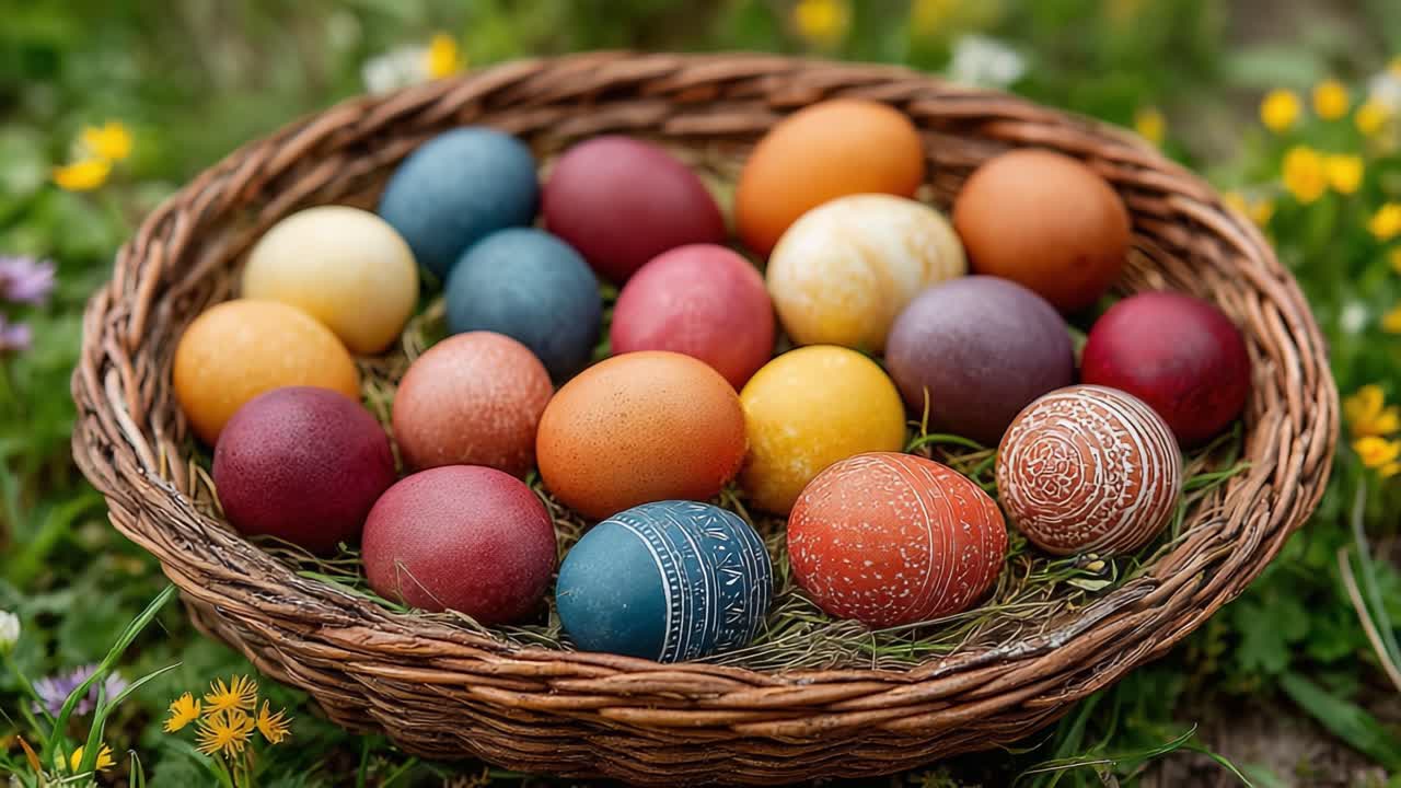 Uma coleção colorida de ovos decorados aninhados em uma cesta de vime, cercados por grama verde fresca e flores, celebrando a primavera e as festividades.