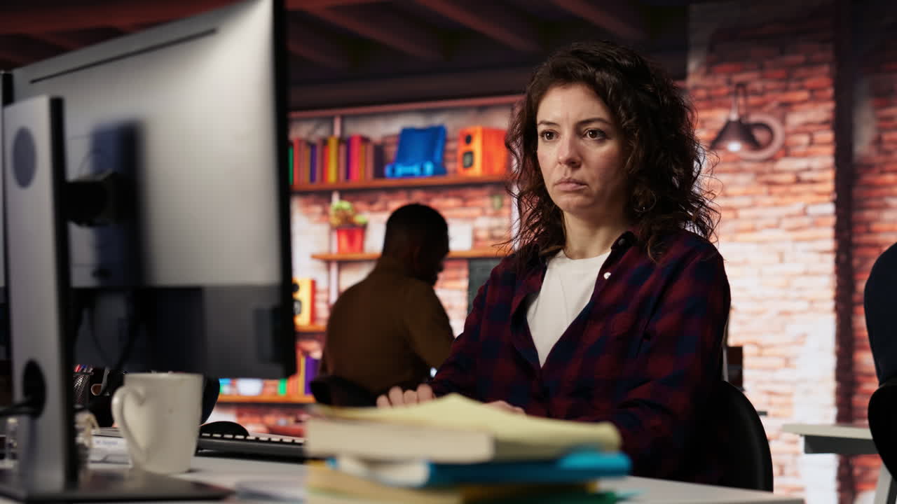 mujer que utiliza una computadora en una oficina de puesta en marcha para diseñar e implementar algoritmos