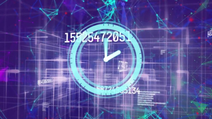 Animation of clock ticking and data processing over glowing light trails