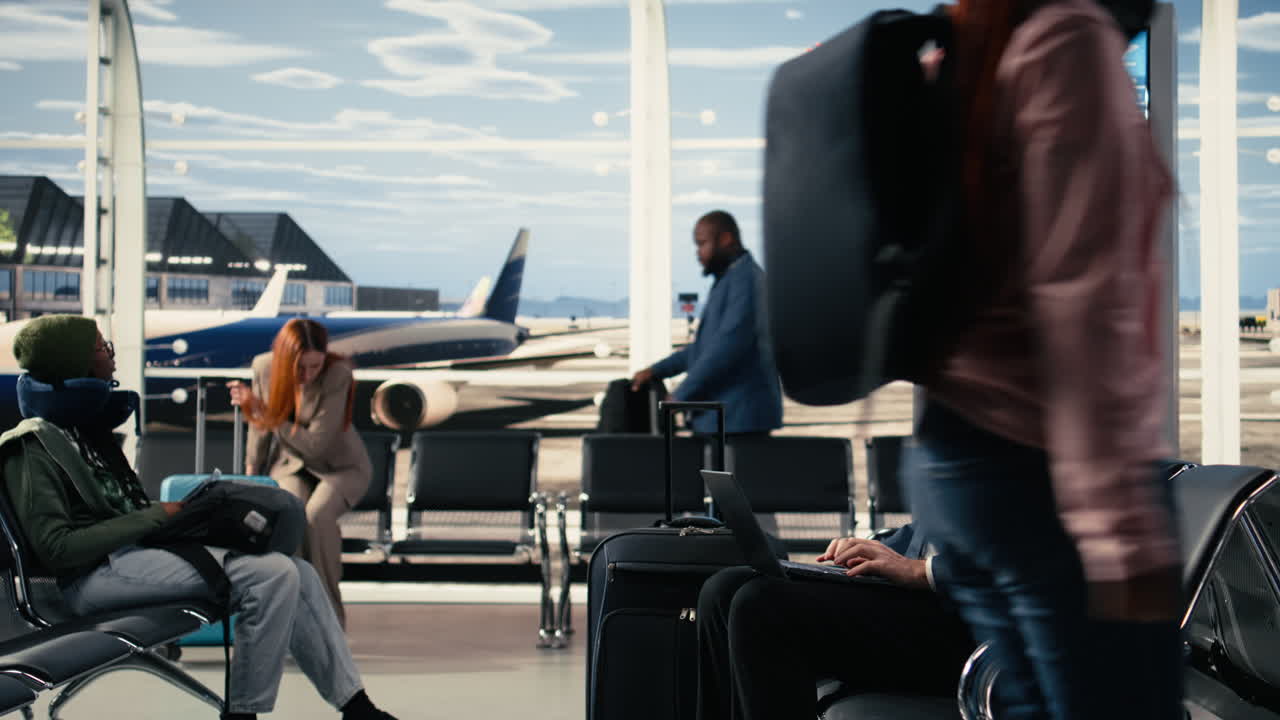 Man CEO in formal wear waiting in airport terminal lounge area